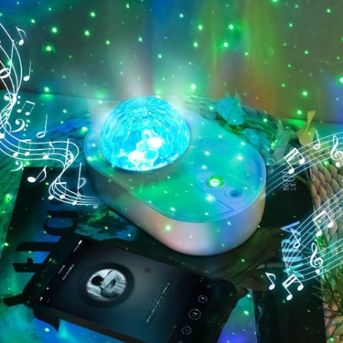 Lampka nocna projektor gwiazd nieba 2w1 obrotowa 3 dźwięki natury + pilot