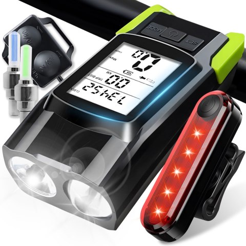 Latarka rowerowa lampka wentyl led+licznik+klakson dzwonek przód tył led