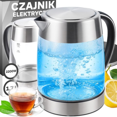 Czajnik elektryczny bezprzewodowy duży 1.7l mocny 2200w led stal szkło - or1302