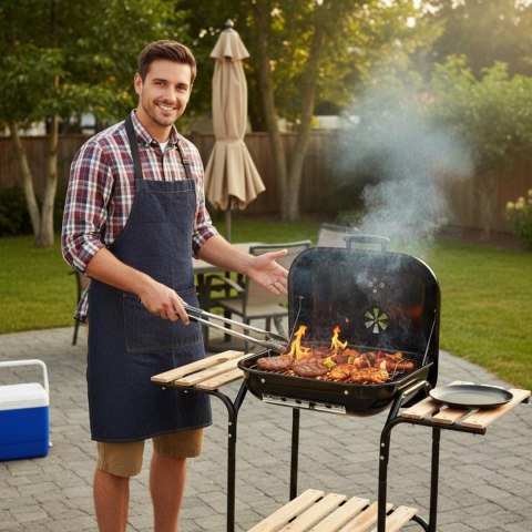Grill ogrodowy, węglowy, z pokrywą, z półkami i kółkami
