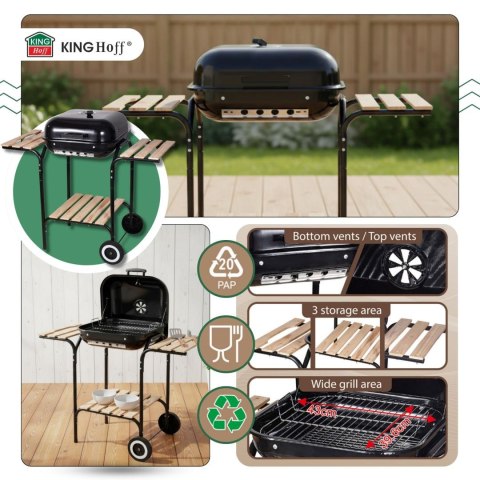 Grill ogrodowy, węglowy, z pokrywą, z półkami i kółkami