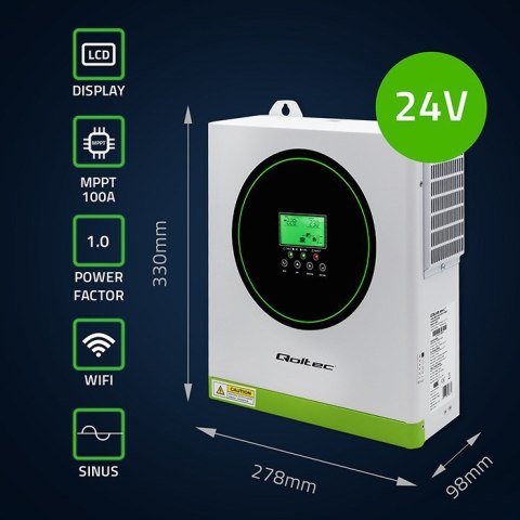 Qoltec Hybrydowy inwerter solarny Off-Grid 3500kW | 100A | 24V | MPPT | Sinus | opcja Wi-Fi | Power Factor 1.0