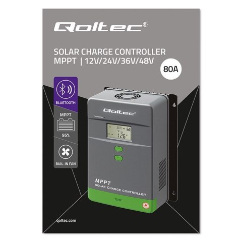Qoltec Solarny regulator ładowania MPPT z czujnikiem temperatury 80A |12V / 24V / 36V / 48V | LCD | Bluetooth | APP | GEL | LiFe