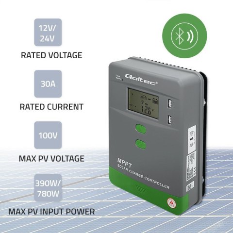 Solarny regulator ładowania MPPT Qoltec 53662 z czujnikiem temperatury 30A 12V/24V LCD 2xUSB Bluetooth APP GEL LiFePO4