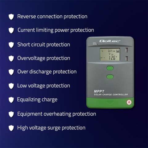 Solarny regulator ładowania MPPT Qoltec 53662 z czujnikiem temperatury 30A 12V/24V LCD 2xUSB Bluetooth APP GEL LiFePO4