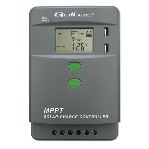 Solarny regulator ładowania MPPT Qoltec 53662 z czujnikiem temperatury 30A 12V/24V LCD 2xUSB Bluetooth APP GEL LiFePO4