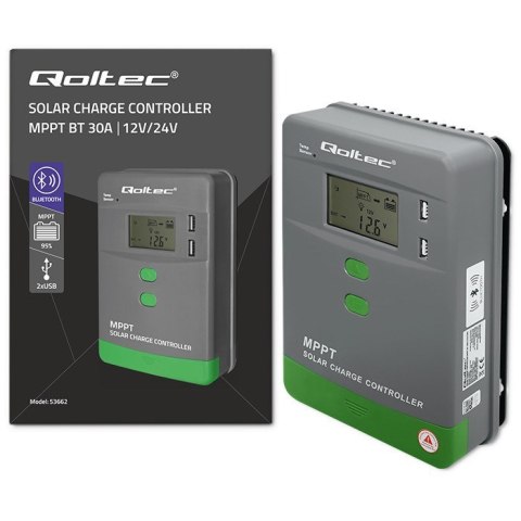 Solarny regulator ładowania MPPT Qoltec 53662 z czujnikiem temperatury 30A 12V/24V LCD 2xUSB Bluetooth APP GEL LiFePO4