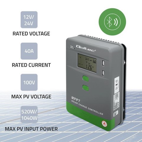 Solarny regulator ładowania MPPT Qoltec 53663 z czujnikiem temperatury 40A |12V / 24V | LCD | 2 x USB | Bluetooth | APP | GEL | 
