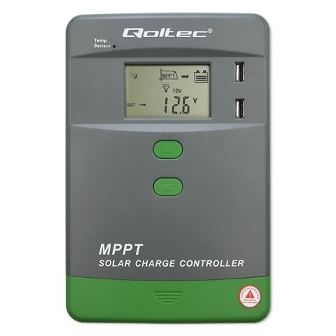 Solarny regulator ładowania MPPT Qoltec 53663 z czujnikiem temperatury 40A |12V / 24V | LCD | 2 x USB | Bluetooth | APP | GEL | 