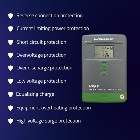 Solarny regulator ładowania MPPT Qoltec 53665 z czujnikiem temperatury 60A |12V / 24V | LCD | Bluetooth | APP | GEL | LiFePO4