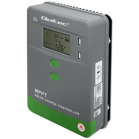 Solarny regulator ładowania MPPT Qoltec 53665 z czujnikiem temperatury 60A |12V / 24V | LCD | Bluetooth | APP | GEL | LiFePO4