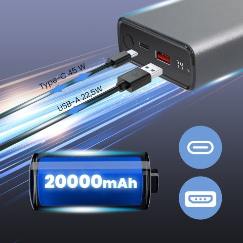 Extralink Powerbank EPB-126 20000mAh Srebrny Power bank, 45W PD, USB-C