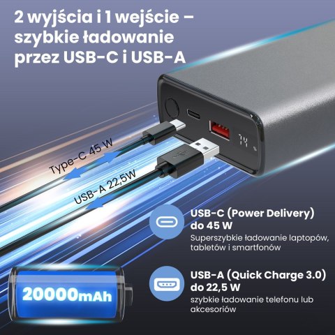 Extralink Powerbank EPB-126 20000mAh Srebrny Power bank, 45W PD, USB-C