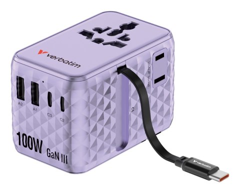 Uniwersalny zasilacz podróżny Verbatim Charge 'N' Travel 100 W z wysuwanym kablem fioletowy