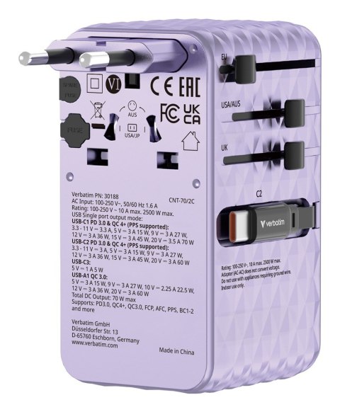 VERBATIM CHARGE 'N' TRAVEL 70W 2C CHOWANY UNIWERSALNY ADAPTER PODRÓŻNY FIOLETOWY