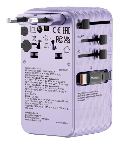 VERBATIM CHARGE 'N' TRAVEL 70W 2C CHOWANY UNIWERSALNY ADAPTER PODRÓŻNY FIOLETOWY