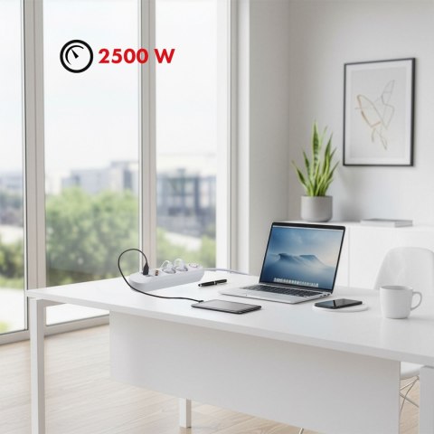 MACLEAN LISTWA ZASILAJĄCA, PRZEDŁUŻACZ 3 GNIAZDA + 3XUSB, 110-240V AC 50/60HZ, 2.1A MAX 2500W, 1,5M, BIAŁA MCE394 W