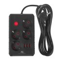 MACLEAN LISTWA ZASILAJĄCA, PRZEDŁUŻACZ 4 GNIAZDA + 3XUSB, 110-240V AC 50/60HZ, 2.1A MAX 2500W, 3M, CZARNA, MCE393 B