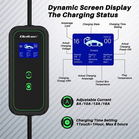 Qoltec 52476 Mobilna ładowarka do samochodu elektrycznego EV z regulacją 2w1 Typ2 | 3.5kW | 230V | Wi-fi | LCD | Przenośna | Wal