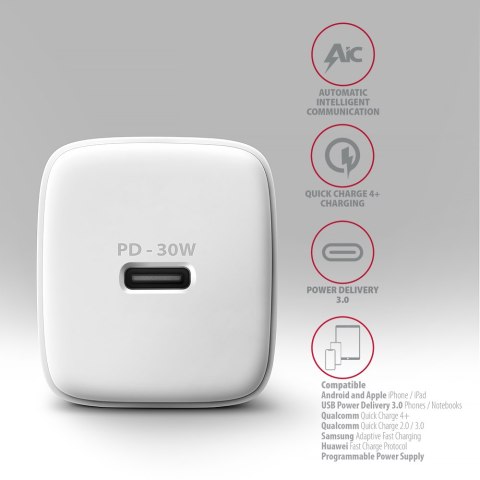 AXAGON AXAGON Sil wallcharger 1x port USB-C, PD3.0 /PPS/QC4+/SFC/AFC/Apple, 30w | ACU-PD30W