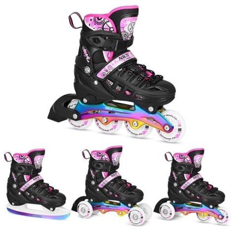 NH10905 4w1 ŁYŻWOROLKI LED RÓŻOWE Z WYM. PŁOZĄ HOKEJOWĄ RAINBOW ROZM. S(31-34) NILS EXTREME