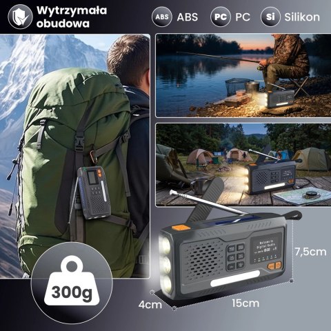 Extralink RADIO AWARYJNE BLUETOOTH SOLARNE Z KORBKA DYNAMO POWERBANK 4000MAH Z LATARKA SOS BT-4000 Przenośny Analogowe i cyfrowe