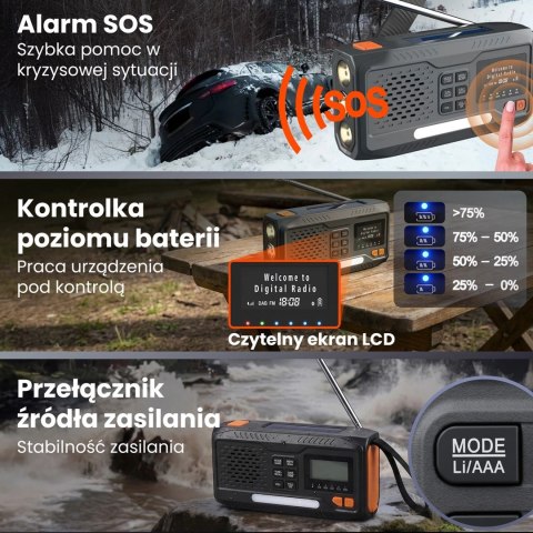 Extralink RADIO AWARYJNE BLUETOOTH SOLARNE Z KORBKA DYNAMO POWERBANK 4000MAH Z LATARKA SOS BT-4000 Przenośny Analogowe i cyfrowe