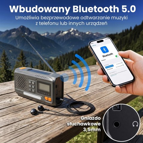 Extralink RADIO AWARYJNE BLUETOOTH SOLARNE Z KORBKA DYNAMO POWERBANK 4000MAH Z LATARKA SOS BT-4000 Przenośny Analogowe i cyfrowe