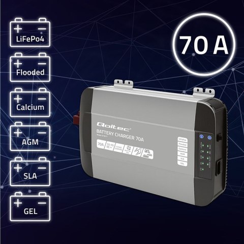 Inteligentna profesjonalna ładowarka Qoltec Monolith 51917 do akumulatorów LiFePO4 AGM GEL SLA | 70A | 12V | Szybkie ładowanie