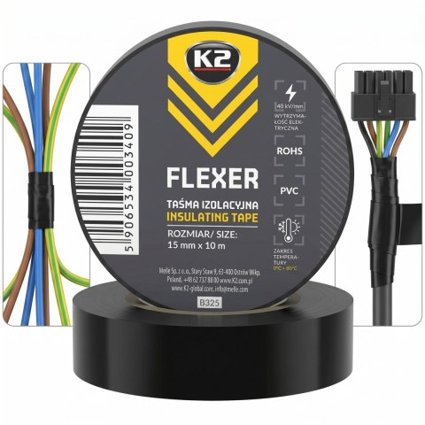 K2 FLEXER TAŚMA IZOLACYJNA Czarna Do Kabli I Przewodów 15mm X 10m B325