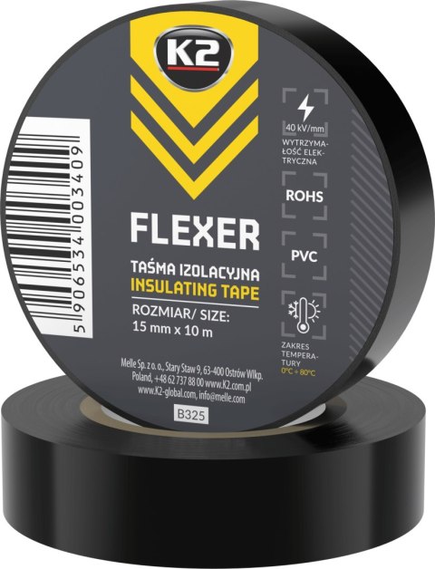 K2 FLEXER TAŚMA IZOLACYJNA Czarna Do Kabli I Przewodów 15mm X 10m B325