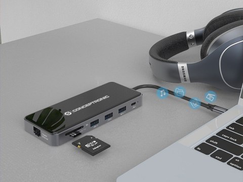Conceptronic DONN15G - Stacja dokująca - USB-C 3.2 Gen 1 - VGA, 2 x HDMI - GigE