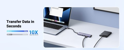 Ugreen Wielofunkcyjny HUB 5w1 USB-C - HDMI 1.4 / 3 x USB-A / USB-C PD 100W CM511 - szary