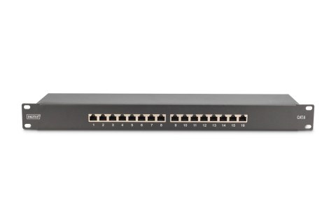 Digitus Panel krosowy (patch panel) 19'' 16x RJ45, LSA poziom, kat.6, ekranowany, 1U, czarny, prowadnica kabli