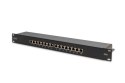 Digitus Panel krosowy (patch panel) 19'' 16x RJ45, LSA poziom, kat.6, ekranowany, 1U, czarny, prowadnica kabli