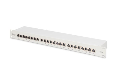 Digitus Panel krosowy (patch panel) 19'' 24x RJ45, LSA poziom, kat.6A, ekranowany, 1U, szary, prowadnica kabli