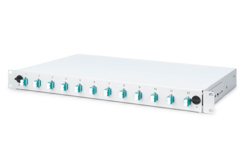Panel krosowy FO z wyposażeniem 19'' 1U, 12x LC dx, OM3, pigtaile, adaptery, tacki, wysuwany, szary