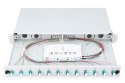 Panel krosowy FO z wyposażeniem 19'' 1U, 12x LC dx, OM3, pigtaile, adaptery, tacki, wysuwany, szary
