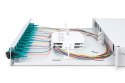 Panel krosowy FO z wyposażeniem 19'' 1U, 12x LC dx, OM3, pigtaile, adaptery, tacki, wysuwany, szary