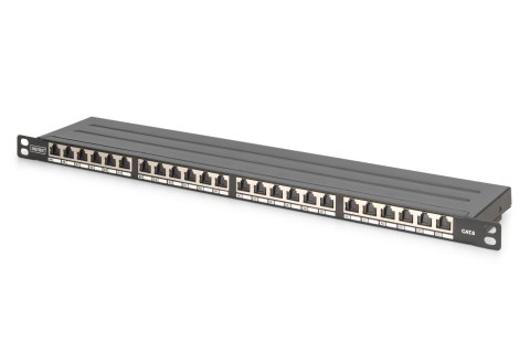Panel krosowy high density 19'' 24x RJ45, LSA poziom, kat.6, ekranowany, 0.5U, czarny, prowadnica kabli