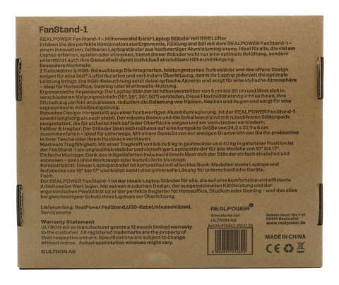 RealPower 495562 stojak na laptop Podstawka na notebooka Stal nierdzewna 43,2 cm (17")