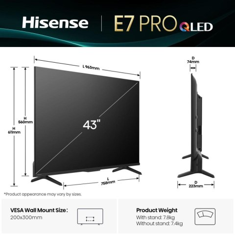 Hisense E7Q PRO 43E7Q PRO 109,2 cm (43") 4K Ultra HD Smart TV Wi-Fi Czarny