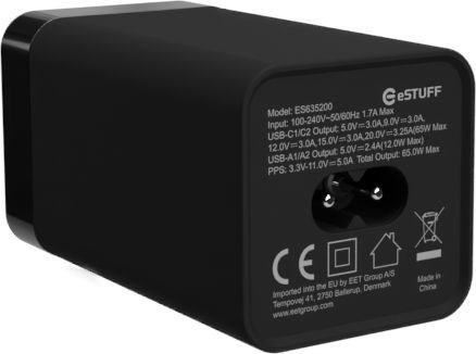 ESTUFF ES635200 ładowarka do urządzeń przenośnych Laptop Czarny Prąd przemienny Szybkie ładowanie Wewnętrzna
