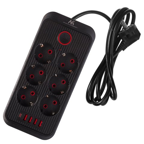 MACLEAN LISTWA ZASILAJĄCA, PRZEDŁUŻACZ 6 GNIAZD + 4XUSB, 110-240V AC 50/60HZ, 2.1A MAX 2500W, 1,5 M, CZARNA MCE389 B
