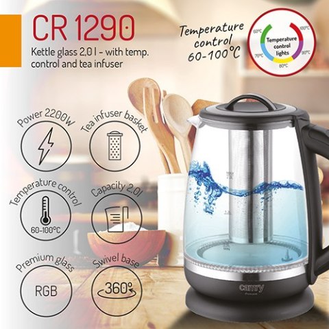 CR 1290 black Czajnik szklany 2,0 l z zaparzaczem oraz regulacją temp.