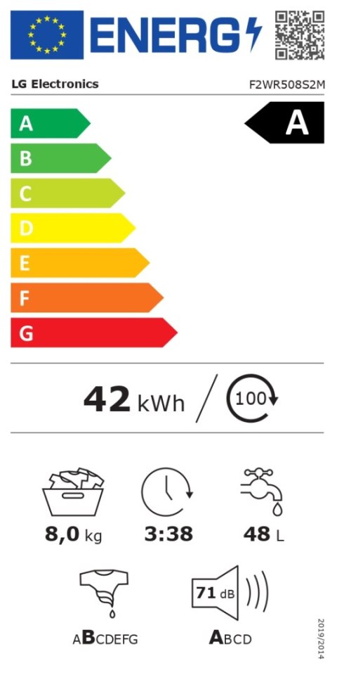 LG LG | Pralka | F2WR508S2M | Klasa efektywności energetycznej A-10% | Ładowana od frontu | Pojemność prania 8 kg | 1200 obr/min | 