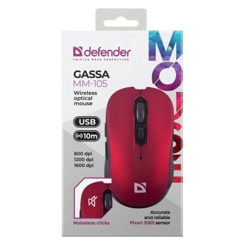 DEFENDER MYSZ BEZPRZEWODOWA GASSA MM-105 RF SILENT CLICK CZERWONA 52103