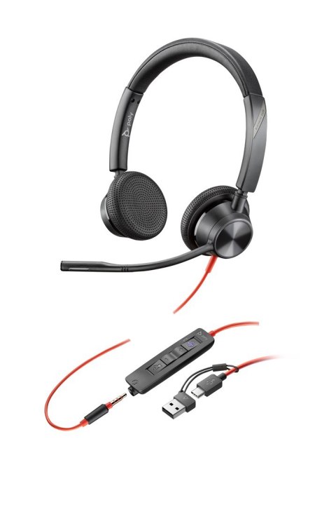 HP Poly Zestaw słuchawkowy stereo Poly Blackwire 3325 USB-C z certyfikatem Microsoft Teams + wtyczka 3,5 mm + przejściówka USB-C