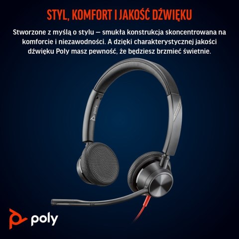 HP Poly Zestaw słuchawkowy stereo Poly Blackwire 3325 USB-C z certyfikatem Microsoft Teams + wtyczka 3,5 mm + przejściówka USB-C