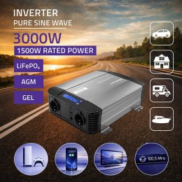 Qoltec Przetwornica napięcia Pure Sine Wave | 12V na 230V | 1500/3000W | LCD | USB | USB-C | Kompatybilna z LiFePO4 GEL AGM